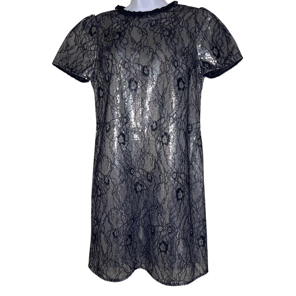 NWT Michael Kors Black Lace Lined Silver Sequin Dress Size Medium